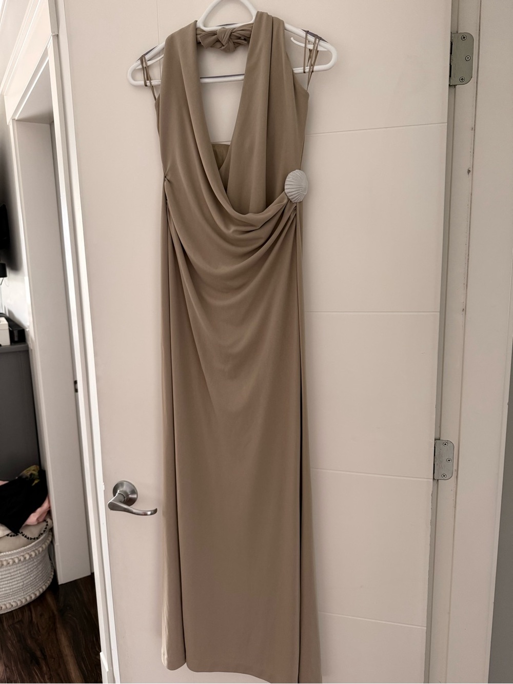 Zara Taupe Backless Draped Evening Gown